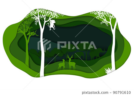 Save nature and environment conservation concept with animals wildlife in forest landscape,abstract paper art scene in depth layer background 90791610