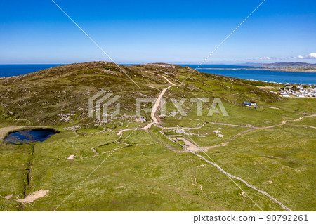 Aerial view of the new path to Murder Hole beach, officially called Boyeeghether Bay in County Donegal, Ireland 90792261