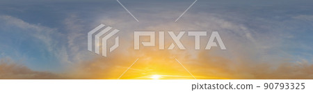 Bright sunset sky panorama with Cirrus clouds. Hdr seamless spherical equirectangular 360 panorama. Sky dome or zenith for 3D visualization, game and sky replacement for aerial drone 360 panoramas. 90793325