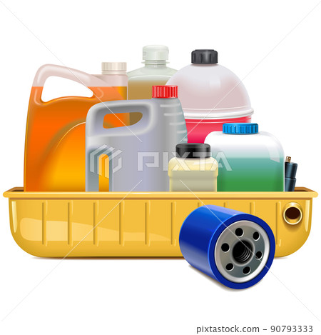 Vector Oil Filter and Car Fluids in Oil Drain Pan 90793333