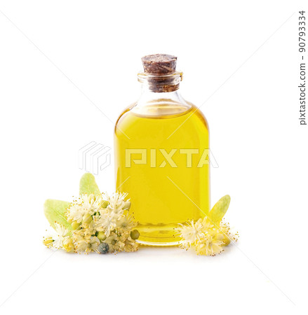 Linden oil with flower on white backgrounds Linden oil with flower on white backgrounds 90793334