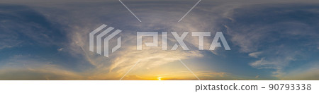 Bright sunset sky panorama with Cirrus clouds. Hdr seamless spherical equirectangular 360 panorama. Sky dome or zenith for 3D visualization, game and sky replacement for aerial drone 360 panoramas. Bright sunset sky panorama with Cirrus clouds. Hdr seamless spherical equirectangular 360 panorama. Sky dome or zenith for 3D visualization, game and sky replacement for aerial drone 360 panoramas. 90793338