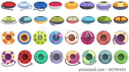 Snow tube icons set cartoon vector. Winter snow. Hill sled Snow tube icons set cartoon vector. Winter snow. Hill sled 90794503