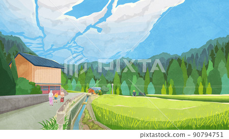 Summer Japanese original landscape with rice fields Handwritten watercolor style illustration Summer Japanese original landscape with rice fields Handwritten watercolor style illustration 90794751
