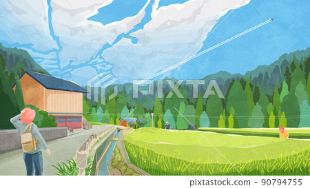 Summer Japanese original landscape with rice fields Handwritten watercolor style illustration 90794755