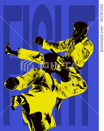 Creative collage with male mma fighter training isolated over blue background with lettering. Poster graphics. Concept of sport, action, art, creativity 90795200