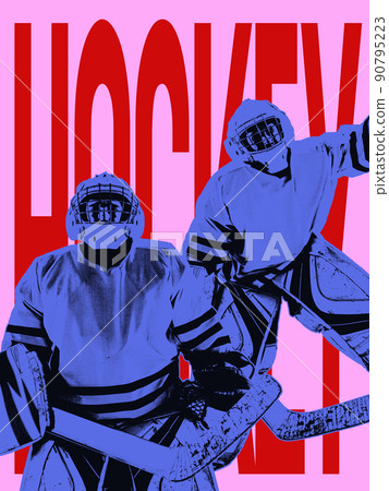 Poster graphics. Male hockey player, goalkeeper in sport uniform and equipment over pink background with lettering. Concept of sport, action, art, creativity 90795223