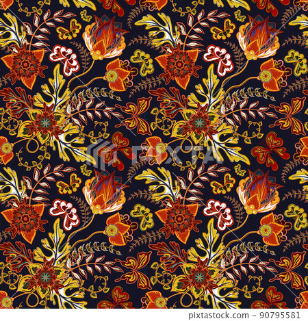 Seamless pattern with fantasy flowers, natural wallpaper, floral decoration curl illustration. Paisley print hand drawn elements. Home decor. 90795581