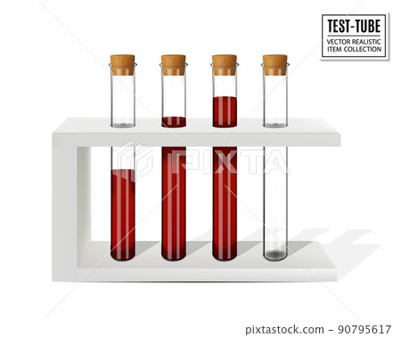 Test tubes with blood on a stand isolated on white. Realistic vector 90795617