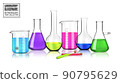 Realistic vector laboratory glassware with liquids of different colors with reflections on table. 3d illustration 90795629
