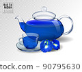 Glass cup of organic blue Anchan on transparent background. Herbal tea on glass teapot. Realistic vector, 3d illustration 90795630