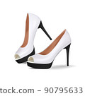 White and black suede high heel women shoe isolated on white background. Realistic vector, 3d illustration. 90795633