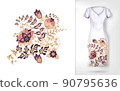 Embroidery colorful trend floral pattern. Vector traditional ornamental flowers pattern on dress mock up. Can be used in dressing clothes, textiles, household items. 90795636