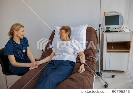 Professional Doctor controls drip of her patient in modern medicine clinic 90796246