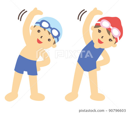 男孩和女孩在游泳前穿著學校泳衣做準備運動 90796603