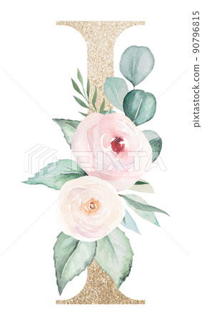 Light golden Letter I with watercolor roses and leaves. Pastel floral alphabet 90796815