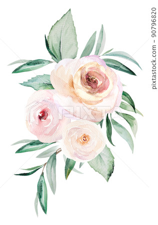 Watercolor light pink flowers and green leaves bouquet, pastel arrangement illustration Watercolor light pink flowers and green leaves bouquet, pastel arrangement illustration 90796820