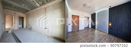 Comparison of old room with building tools and new renovated room. Photo collage of apartment before and after restoration. Concept of home renovation. 90797102