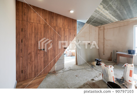 Comparison of old room with building tools and new renovated room. Photo collage of apartment before and after restoration. Concept of home renovation. 90797103
