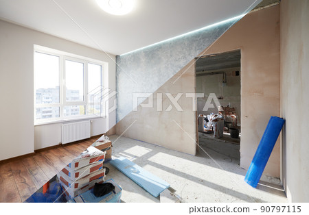 Comparison of old room with building tools and new renovated room. Photo collage of apartment before and after restoration. Concept of home renovation. 90797115
