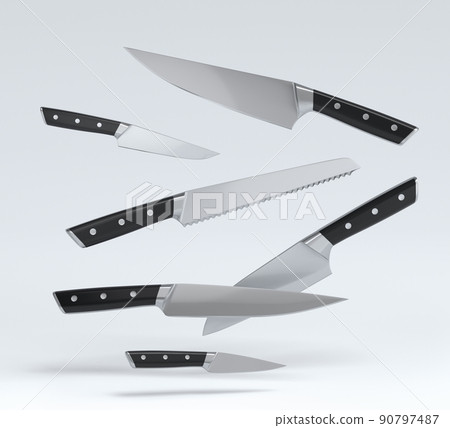 Set of fluing chef's kitchen knives with a wooden handle on white background. Set of fluing chef's kitchen knives with a wooden handle on white background. 90797487