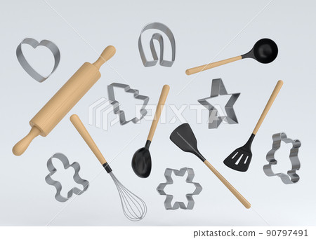 Wooden kitchen utensils and cookie cutters on white background Wooden kitchen utensils and cookie cutters on white background 90797491