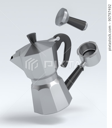 Espresso coffee machine with horn and geyser coffee maker on white background. Espresso coffee machine with horn and geyser coffee maker on white background. 90797492