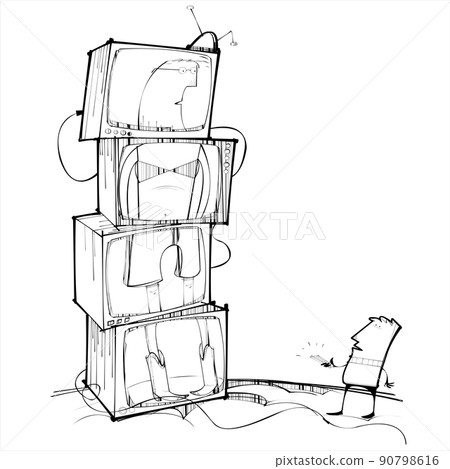 Man changes channel on a Tower of televisions 90798616