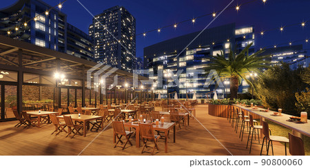 夜間照明屋頂啤酒花園/夏季宴會，涼爽夏季特色，現代開放式酒吧形象 90800060