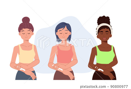 Skin care concept.A group fo Beauty Girls using lotion,Take Care of her Body Skin.Flat cartoon vector illustration. 90800977