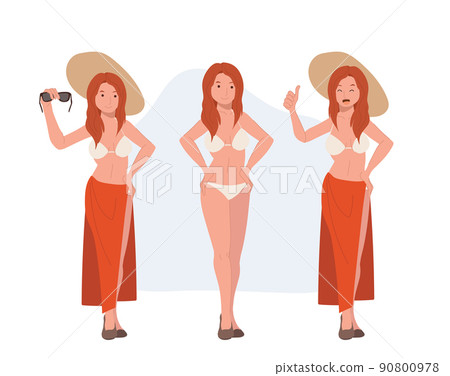 Bikini woman poses vector illustration.beach swimming suits.Flat vector cartoon character illustration. 90800978