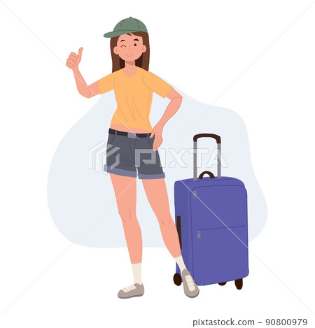 Tourism concept.adventure tourism.female traveler with luggage.Flat cartoon character vector illustration. Tourism concept.adventure tourism.female traveler with luggage.Flat cartoon character vector illustration. 90800979