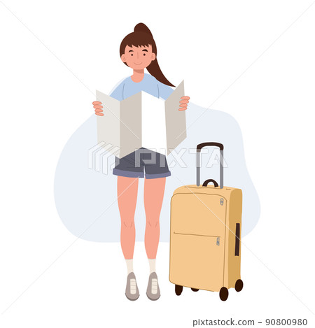 Tourism concept.adventure tourism.female traveler with luggage is using a map.Flat cartoon character vector illustration. Tourism concept.adventure tourism.female traveler with luggage is using a map.Flat cartoon character vector illustration. 90800980