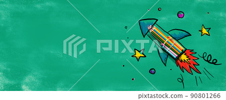 Back to school theme with hand drawn rocket and pencils 90801266