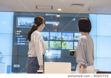 A woman having a meeting while looking at the monitor A woman having a meeting while looking at the monitor 90801559