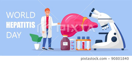 World hepatitis day concept vector. Hepatitis A, B, C, D, cirrhosis treatment. Tiny doctors treat the liver. 90801840
