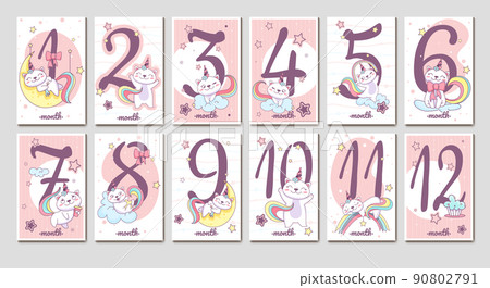 Flat baby monthly milestone cards with unicorn cats and numbers 90802791
