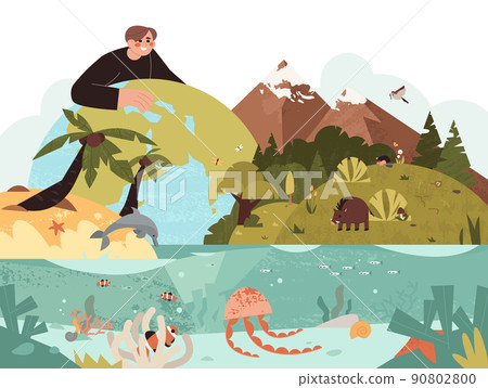 Ecologyst man protecting biodiversity of plants, birds, animals, ocean life Ecologyst man protecting biodiversity of plants, birds, animals, ocean life 90802800