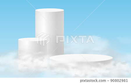 Podium sky. Minimalistic background with white podiums in the clouds. 3d realistic pedestals product for product demonstration and sky clouds Podium sky. Minimalistic background with white podiums in the clouds. 3d realistic pedestals product for product demonstration and sky clouds 90802981