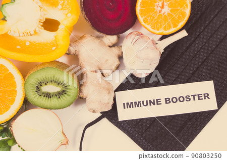 Inscription immune booster, fresh fruits with vegetables and protective mask Inscription immune booster, fresh fruits with vegetables and protective mask 90803250