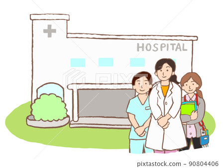 Illustrations of general hospitals and female psychiatrists, nurses and mental health workers 90804406