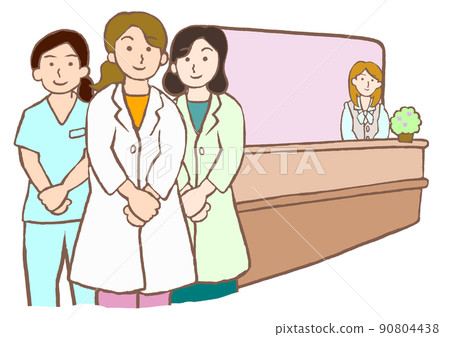 Illustration of a mental clinic receptionist and a female psychiatrist, nurse and clinical psychologist 90804438