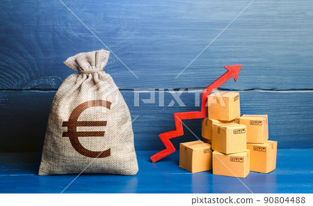 Euro money bag with boxes and up arrow. Good consumer sentiment and demand for goods. High sales. Production rise. Growing transportation prices. Income increase, acceleration and growing of economy. Euro money bag with boxes and up arrow. Good consumer sentiment and demand for goods. High sales. Production rise. Growing transportation prices. Income increase, acceleration and growing of economy. 90804488