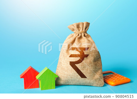 Indian rupee money bag and small houses. Bank offer of mortgage loan. Investments in real estate. Sale of housing. Buy. Rental business. Fair market price. Property appraisal, realtor services. Indian rupee money bag and small houses. Bank offer of mortgage loan. Investments in real estate. Sale of housing. Buy. Rental business. Fair market price. Property appraisal, realtor services. 90804515