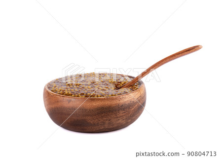 Wooden spoon inside french mustard. Copy space. Wooden spoon inside french mustard. Copy space. 90804713