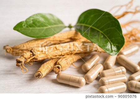 Ginseng, dried vegetable herb. Healthy food famous export food in Korea country. 90805076