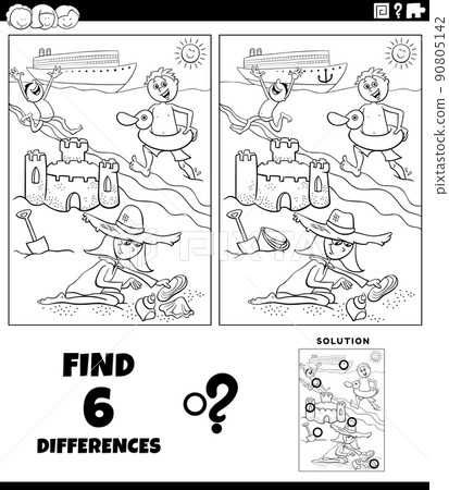 differences game with cartoon kids on the beach coloring page 90805142
