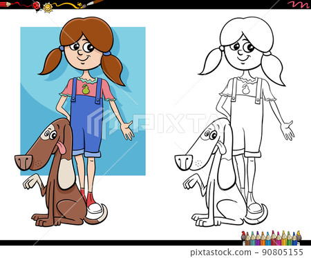 Cartoon Girl And Her Dog Coloring Page - Stock Illustration [90805155] -  Pixta