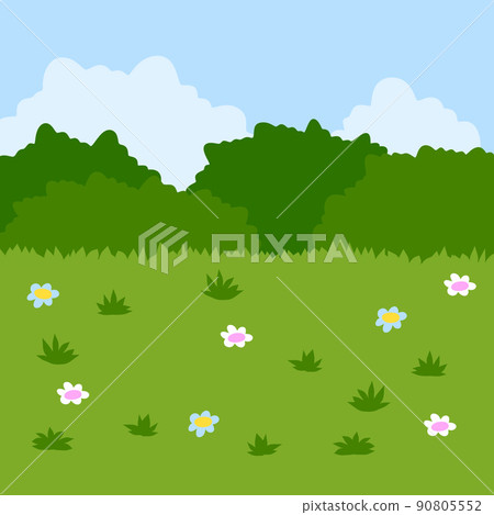 Green field with grass. Lawn with bushes and sky. Background for nature 90805552