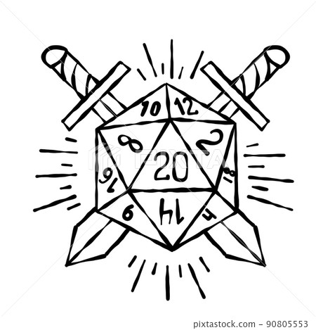 Cartoon dice for fantasy dnd and rpg Board game. Outline cartoon with medieval sword 90805553